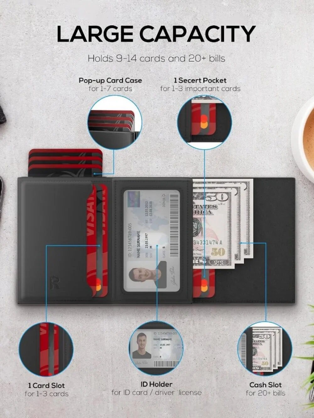 Slim RFID Blocking Wallet for Men - Minimalist Pop Up Card Holder, Leather